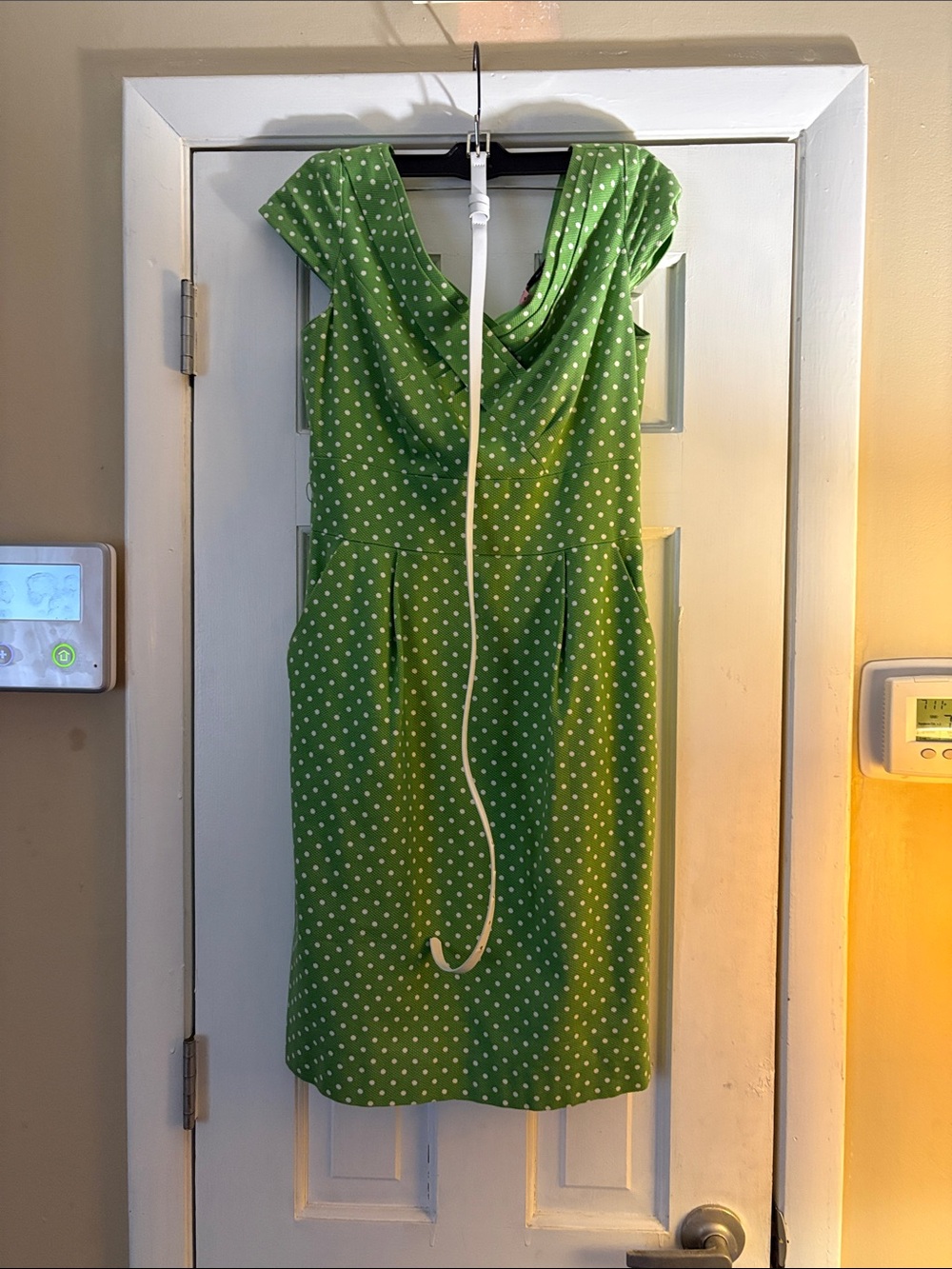 Green Polka Dot Midi Dress with Draped Neckline